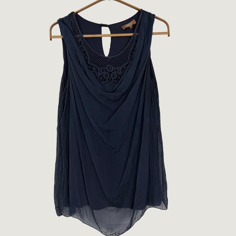 Carla Conti Navy Blue Silk Crochet Lace Cowl Neck Sleeveless Top Made in Italy L